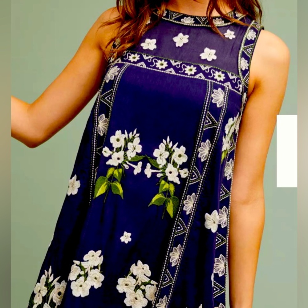 Anthropology Rosa Floral Embroidered Sleeveless Swing Dress